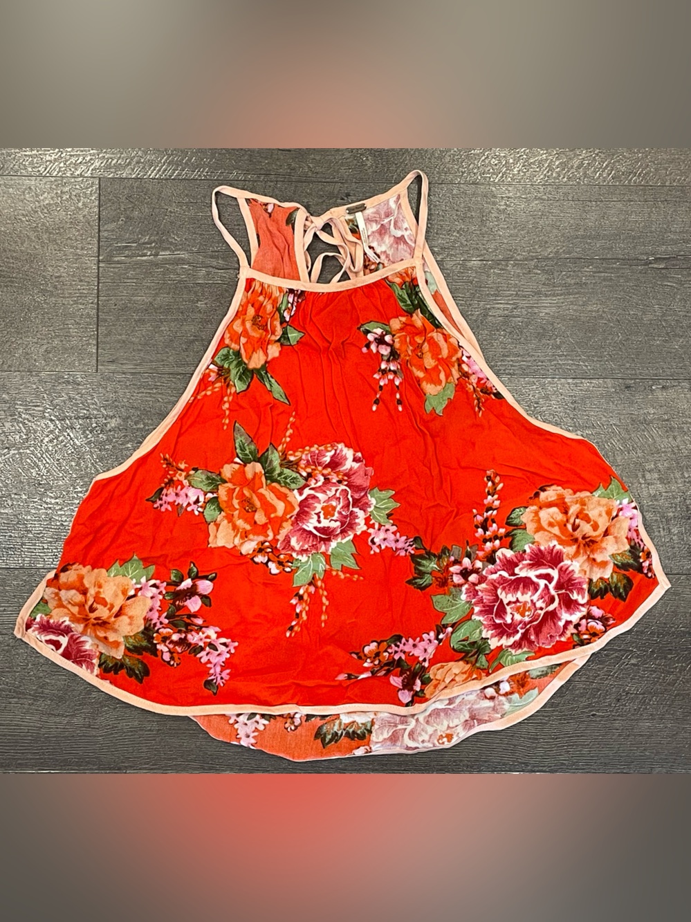 Free People Orange Floral Halter Top with Peach Trim and Side Buttons Size Small